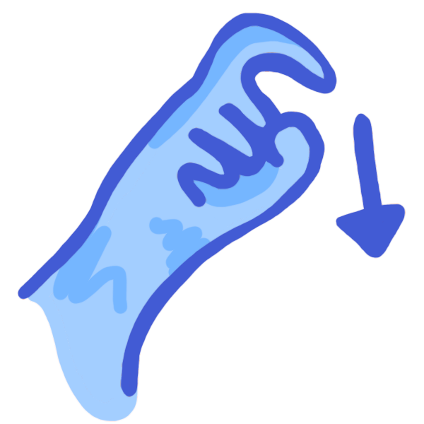 a blue hand making the ASL sign for need with an arrow beside it to show movement.